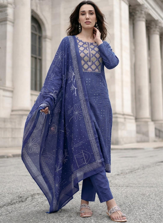 Pure Cotton Lawn Printed Blue Unstitched Salwar Suit with Dupatta