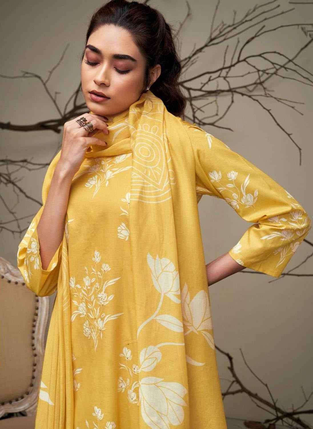 Ganga Pure Cotton Yellow Printed Ladies Unstitched Suit Dress Material Ganga