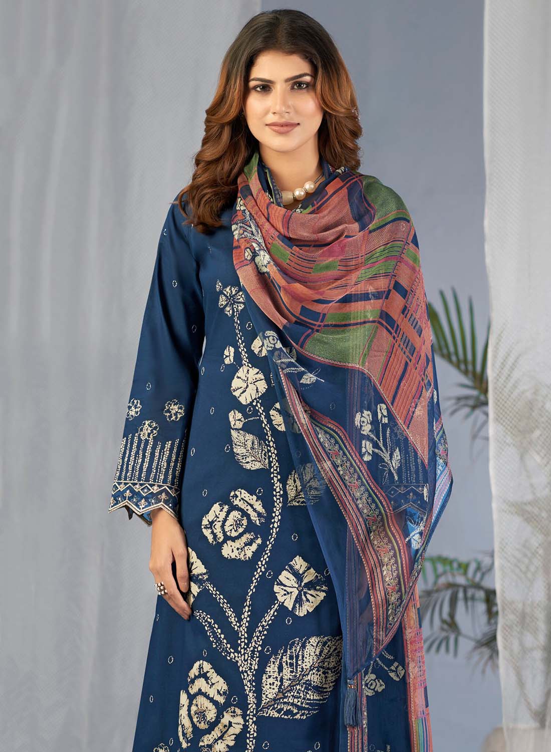 Blue Pakistani Print Unstitched Cotton Suit Material with Dupatta
