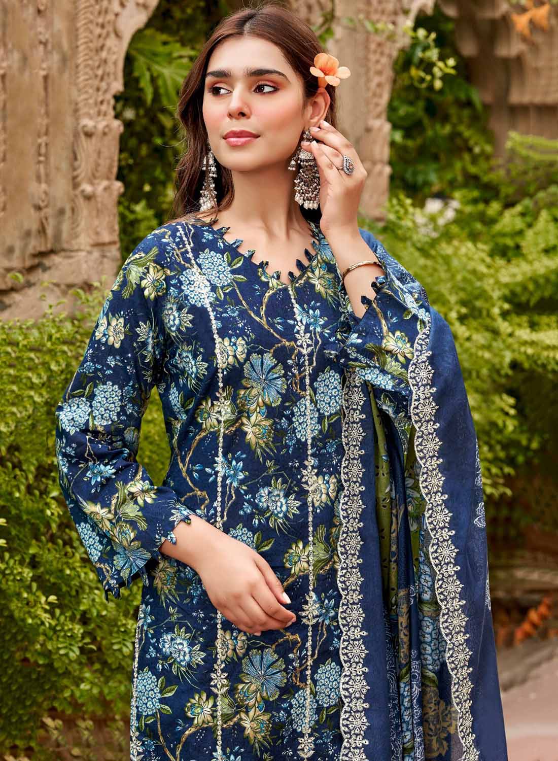 Pure Cotton Pakistani Unstitched Suit Material with Chikankari Embroidery Blue
