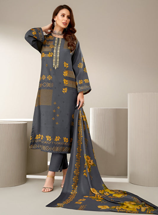 Women's Grey Pashmina Winter Suit Dress Material with Embroidery