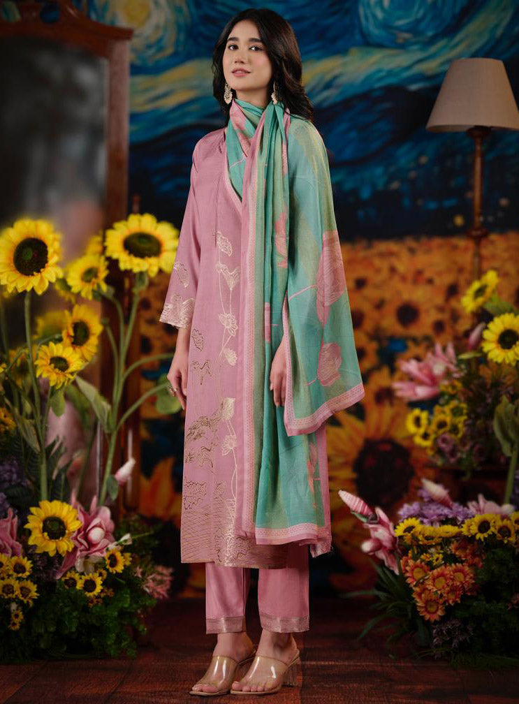 Designer Party Wear Muslin Jacquard Unstitched Suit Fabric for Women