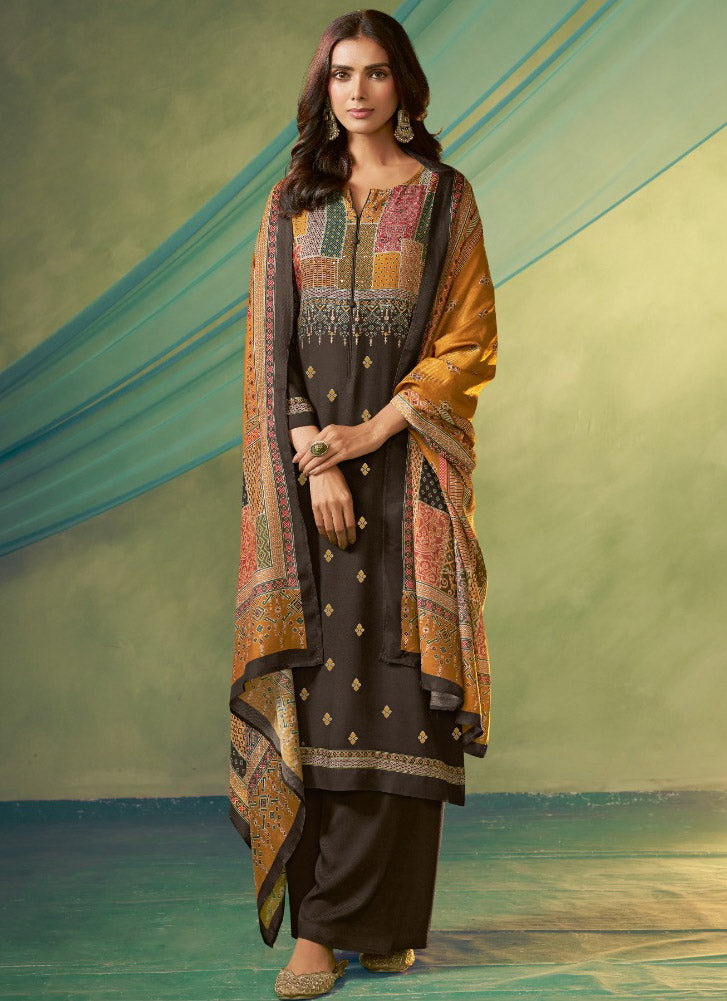Dark Brown Unstitched Pashmina Winter Salwar Suit Set Material for Women