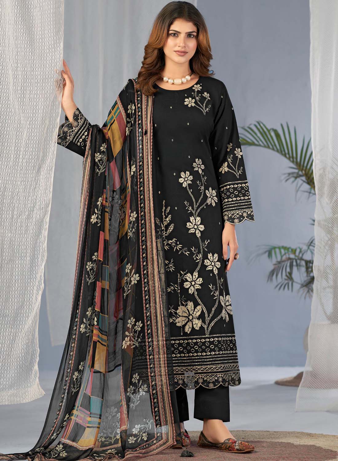 Black Pakistani Print Unstitched Cotton Suit Material with Dupatta