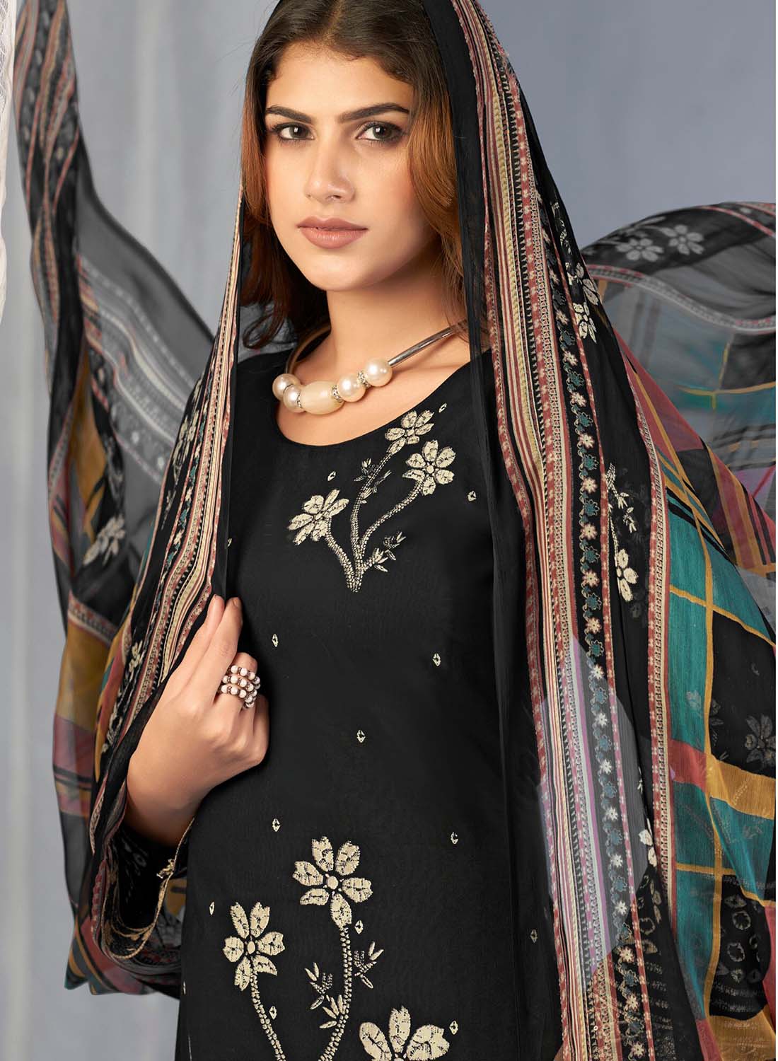 Black Pakistani Print Unstitched Cotton Suit Material with Dupatta