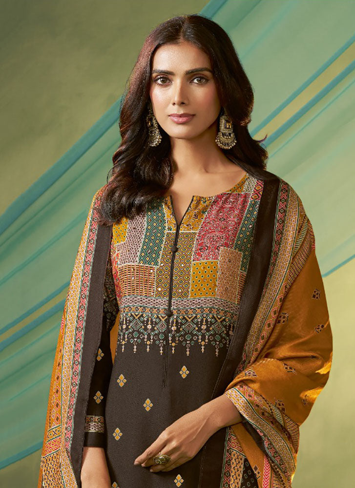 Dark Brown Unstitched Pashmina Winter Salwar Suit Set Material for Women