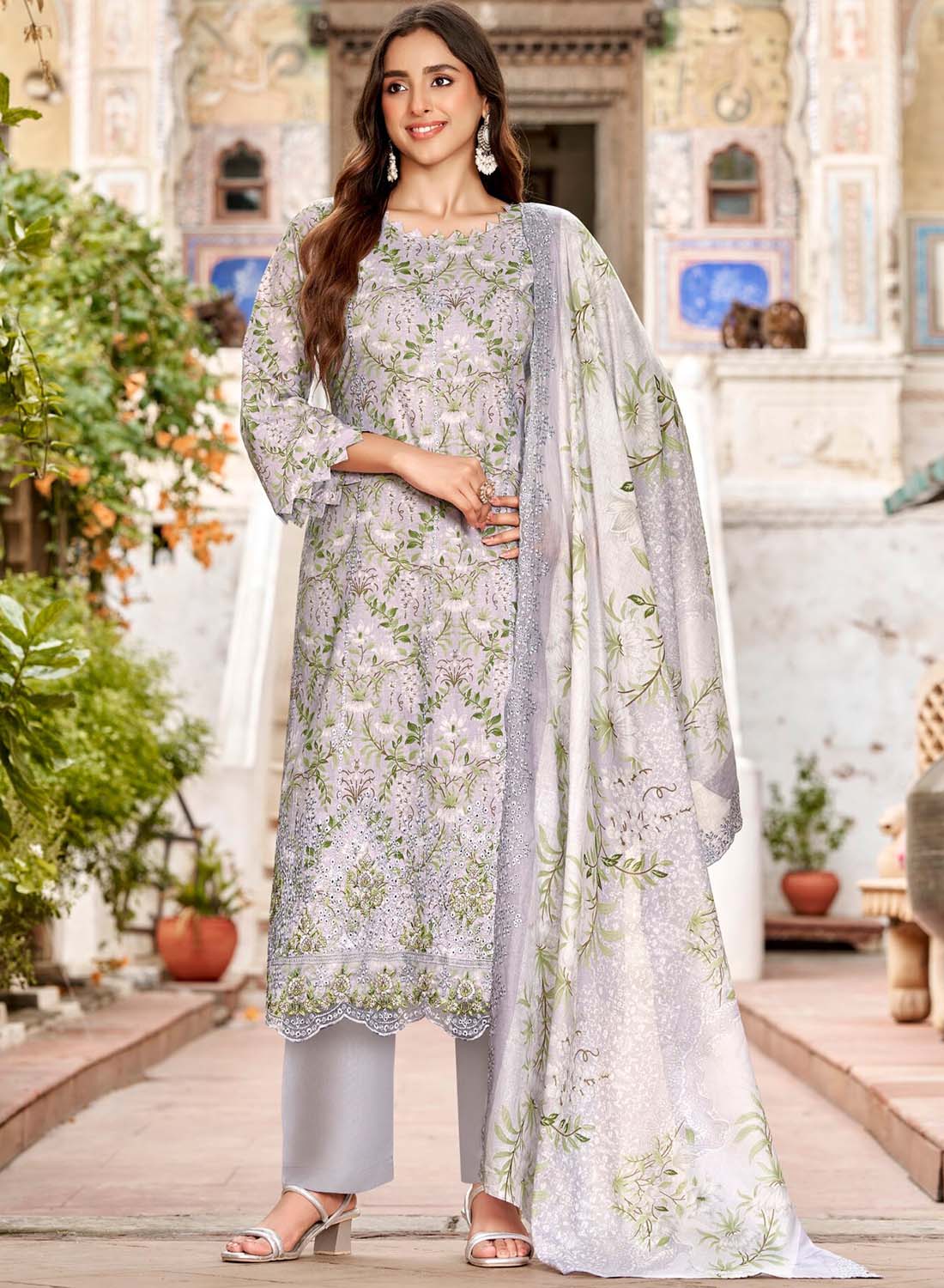 Pure Cotton Unstitched Pakistani Suit Material with Chikankari Embroidery Grey