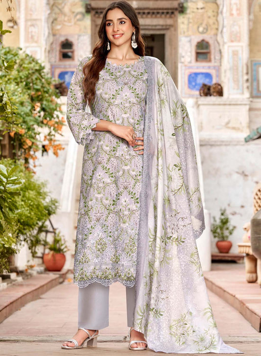 Pure Cotton Unstitched Pakistani Suit Material with Chikankari Embroidery Grey