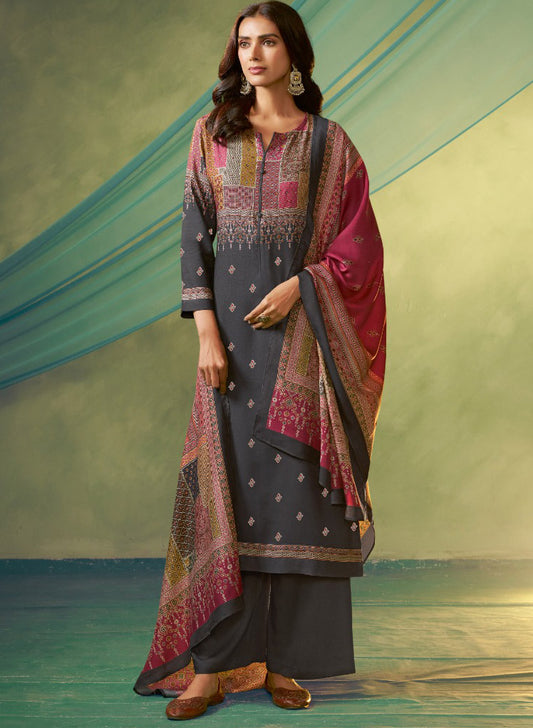 Grey Unstitched Pashmina Winter Salwar Suit Set Material for Women