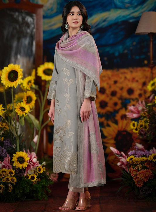 Grey Party Wear Muslin Jacquard Unstitched Suit Fabric for Women