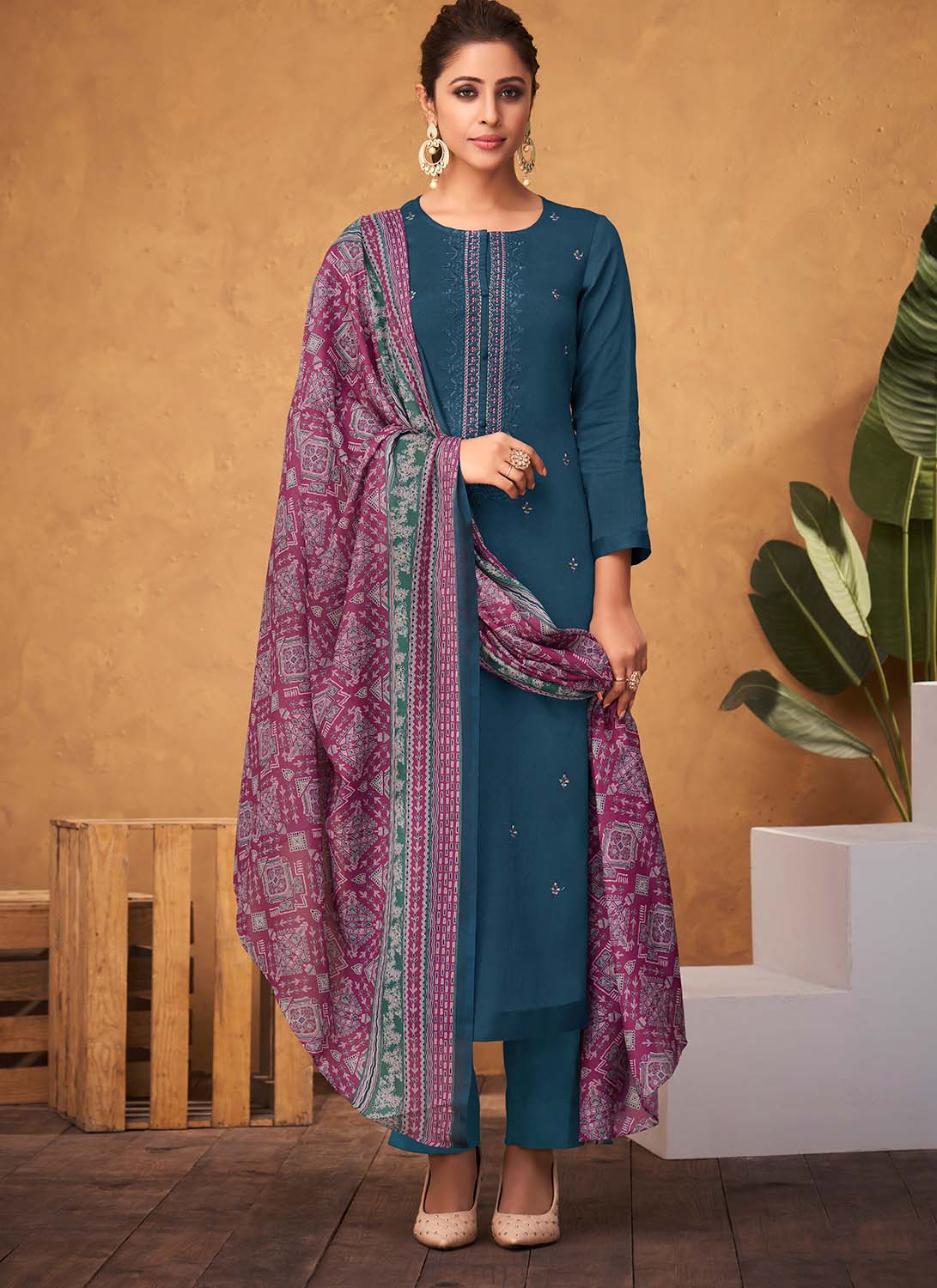 Cotton Satin Blue Unstitched Salwar Suit Dress Material for Ladies Esta Designs