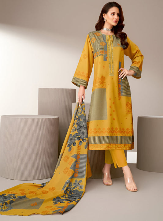 Yellow Pashmina Winter Suit Dress Material with Embroidery for Ladies