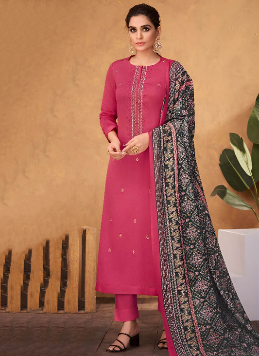 Cotton Satin Pink Unstitched Salwar Suit Dress Material for Ladies