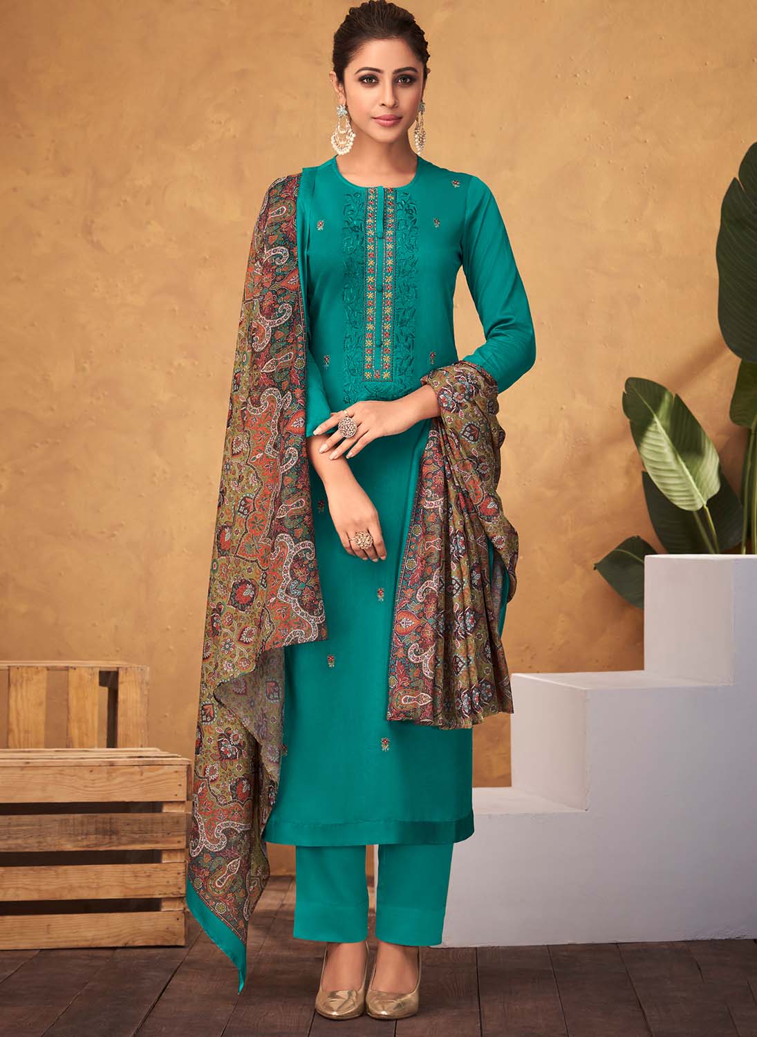 Cotton Satin Teal Green Unstitched Salwar Suit Dress Material for Ladies Esta Designs