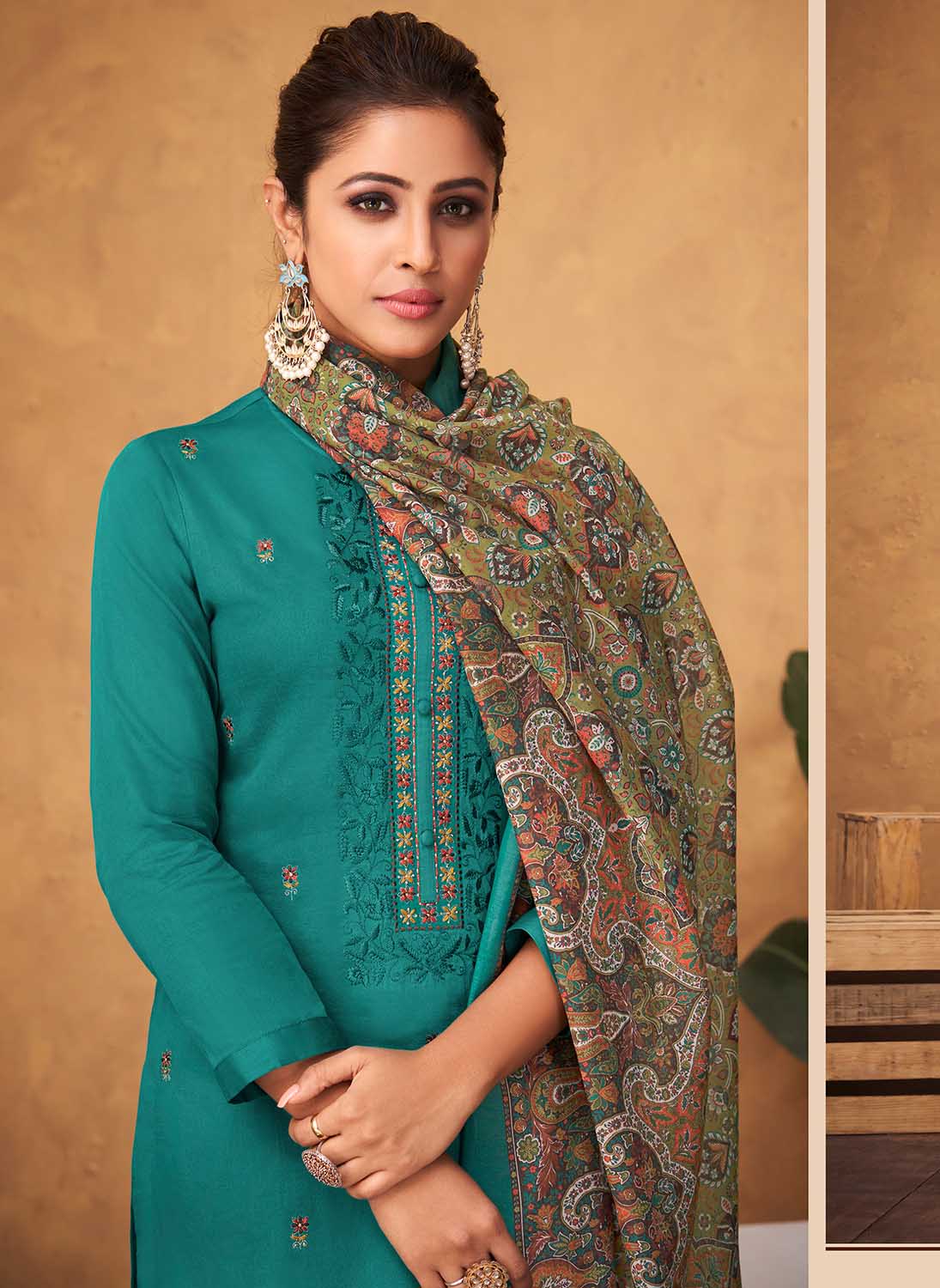 Cotton Satin Teal Green Unstitched Salwar Suit Dress Material for Ladies Esta Designs