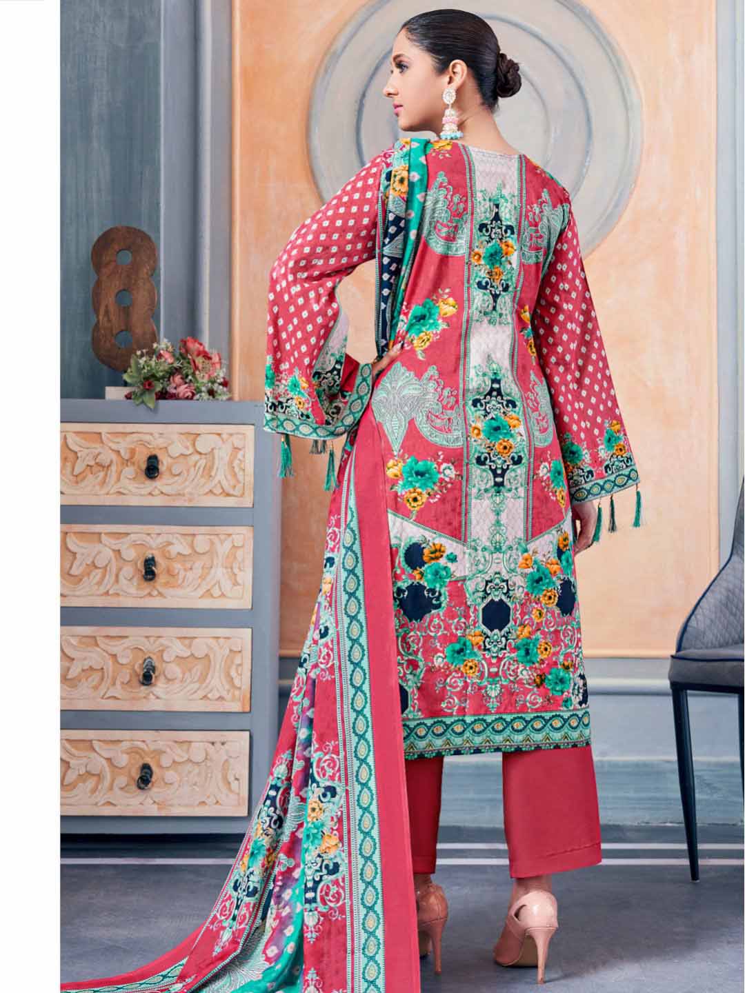 Unstitched Pakistani Print Cotton Suit Fabric with Embroidery Pink Alok Suit