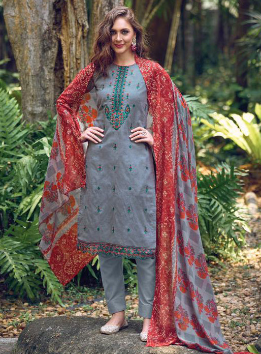 Women Grey Printed Cotton Suit Dress Material with Embroidery