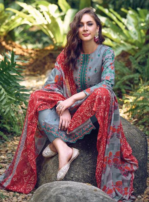 Women Grey Printed Cotton Suit Dress Material with Embroidery