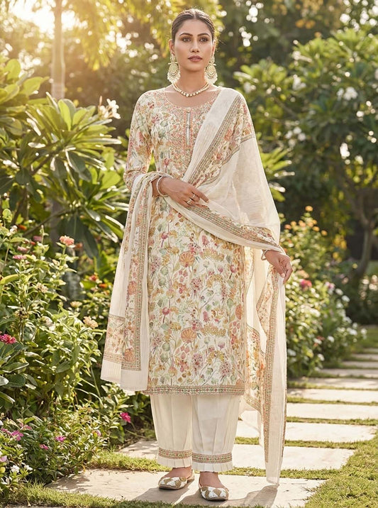 Women Cotton Satin Unstitched Suit Dress Material with Embroidery