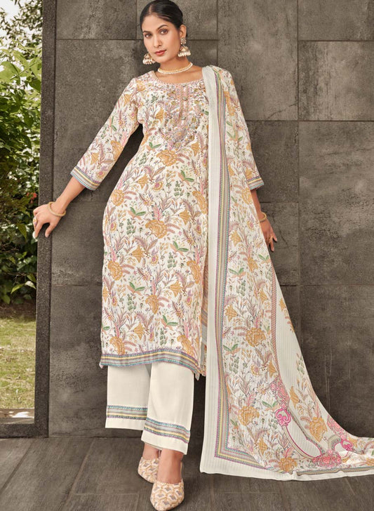 unstitched cotton suit dress material with embroidered neck