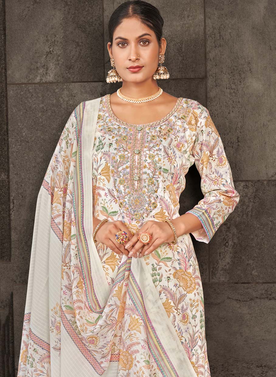 unstitched cotton suit dress material with neck embroidery