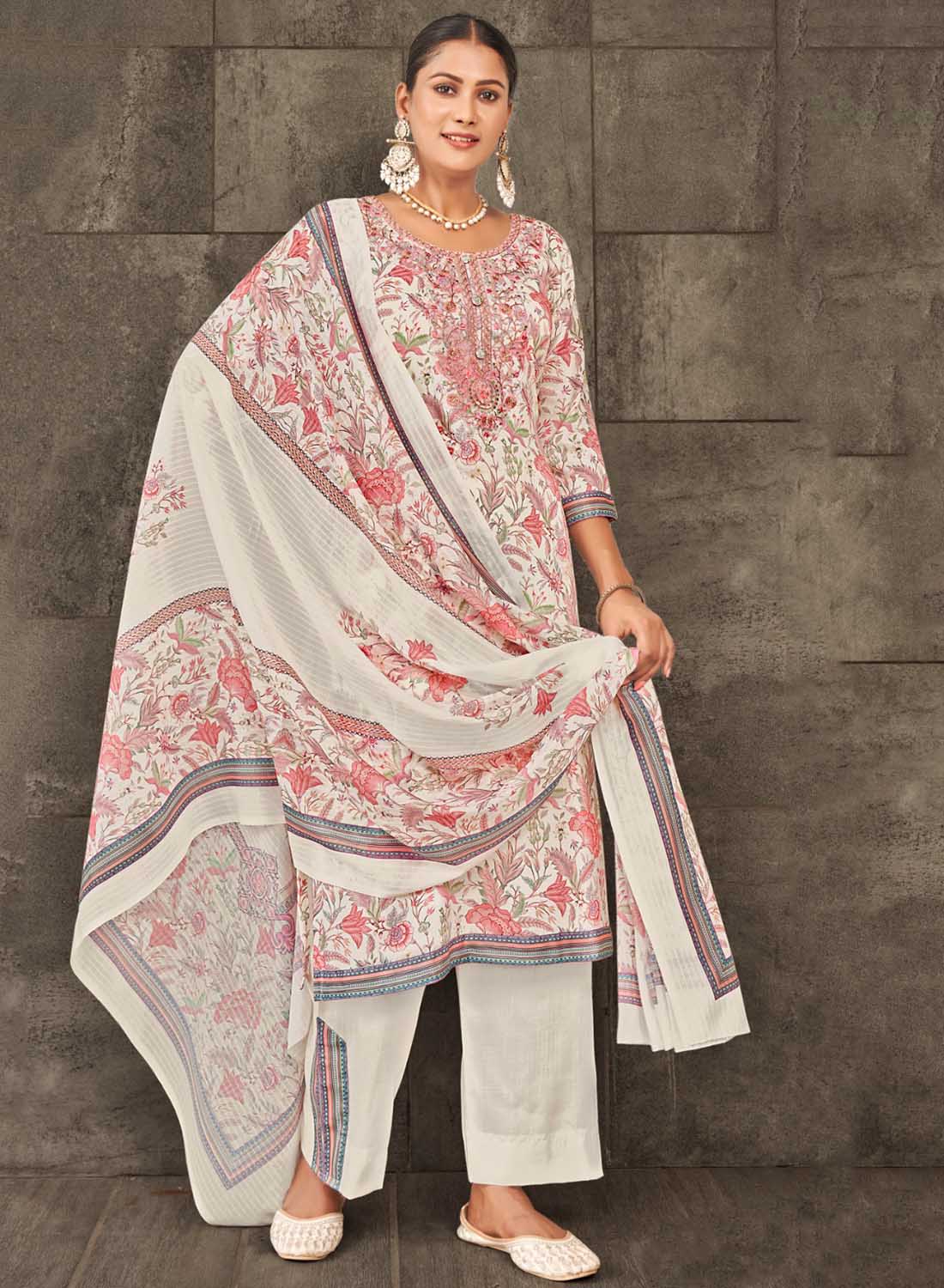white unstitched cotton suit dress material with embroidered neck