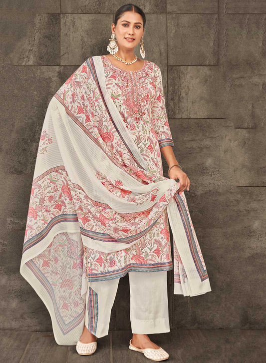 white unstitched cotton suit dress material with embroidered neck