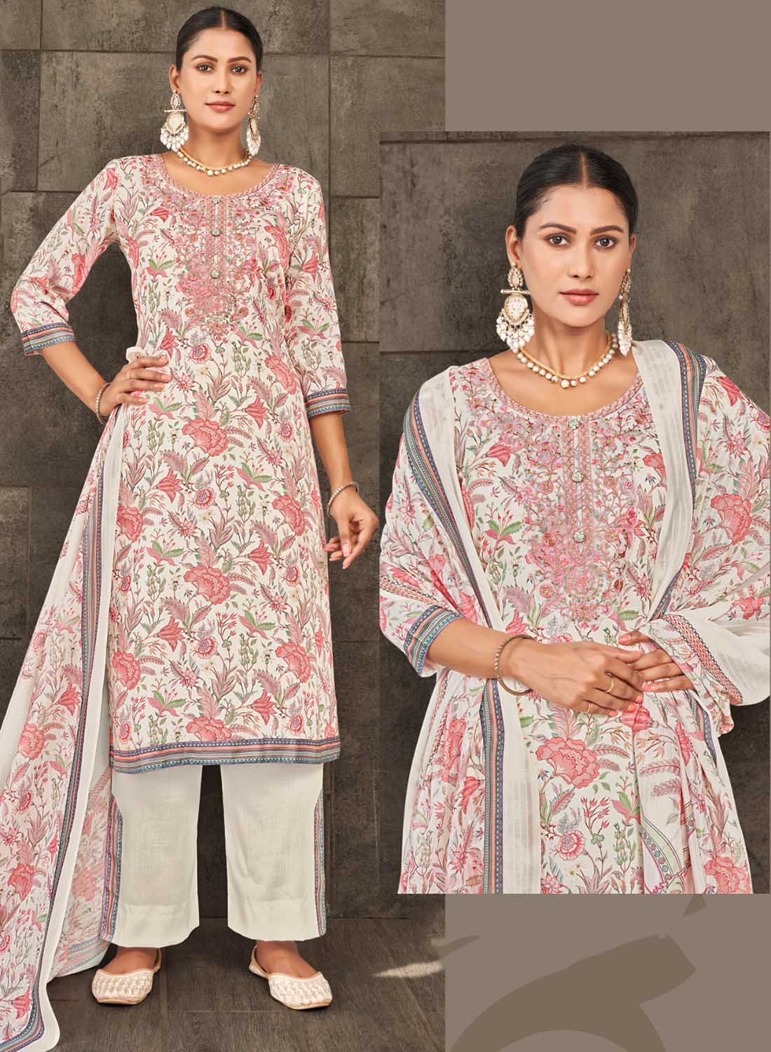 unstitched cotton suit dress material with embroidered neck white color