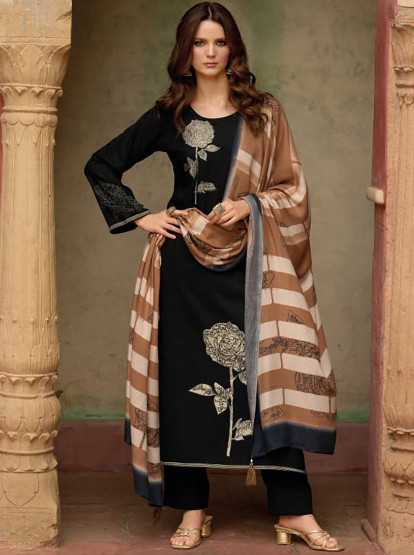 Black Unstitched Cotton Salwar Suit Dress Material with Muslin Dupatta