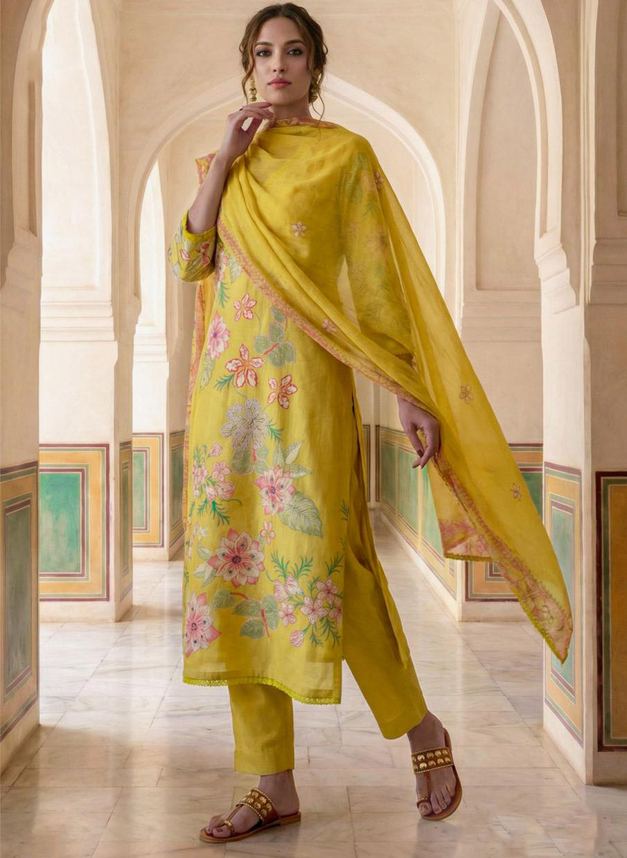 Pure Lawn Cotton Yellow Unstitched Salwar Suit Dress Material for Women