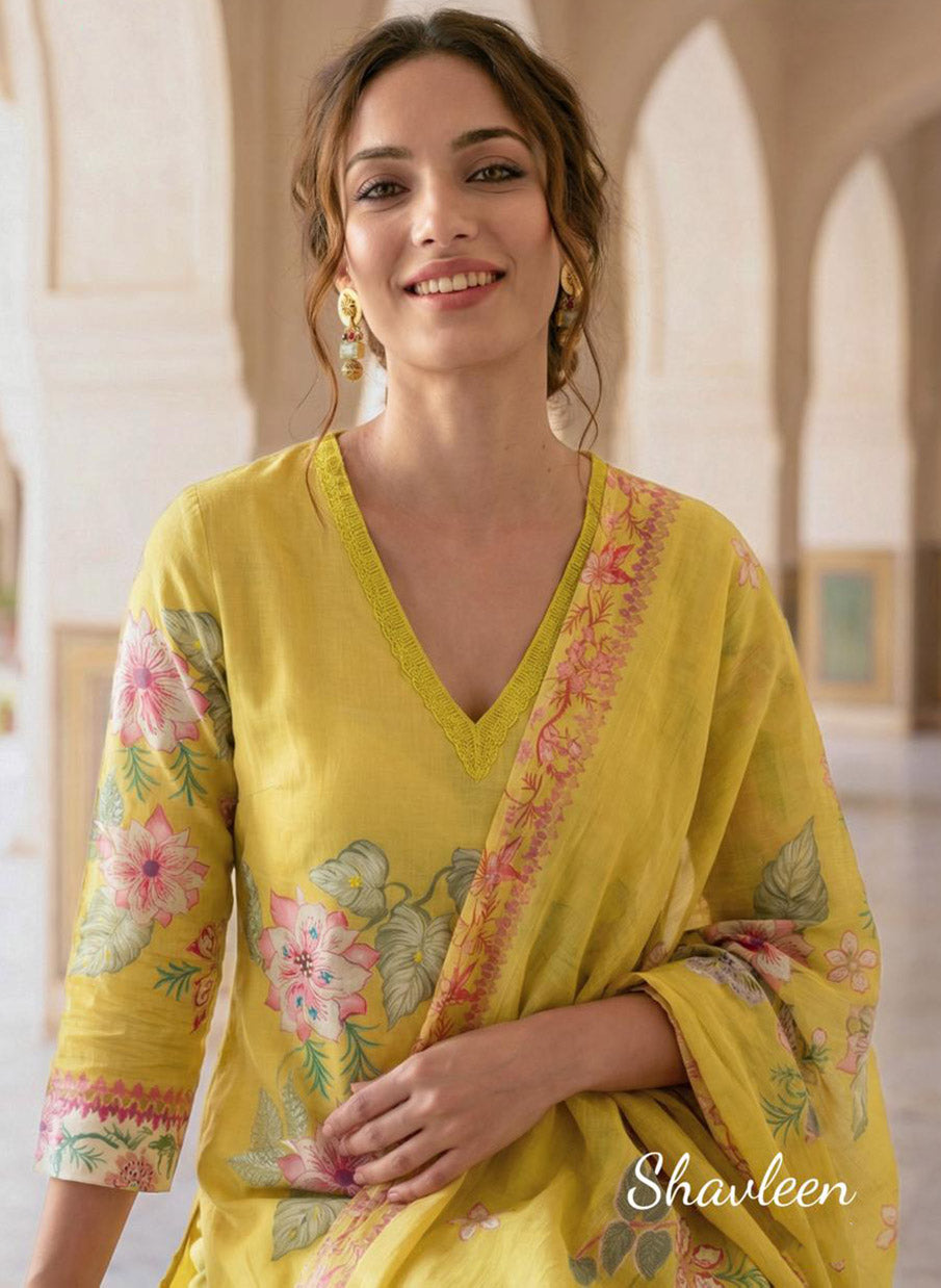 Pure Lawn Cotton Yellow Unstitched Salwar Suit Dress Material for Women