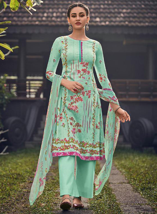 Unstitched Printed Cotton Printed Suit Dress Material with Chiffon Dupatta