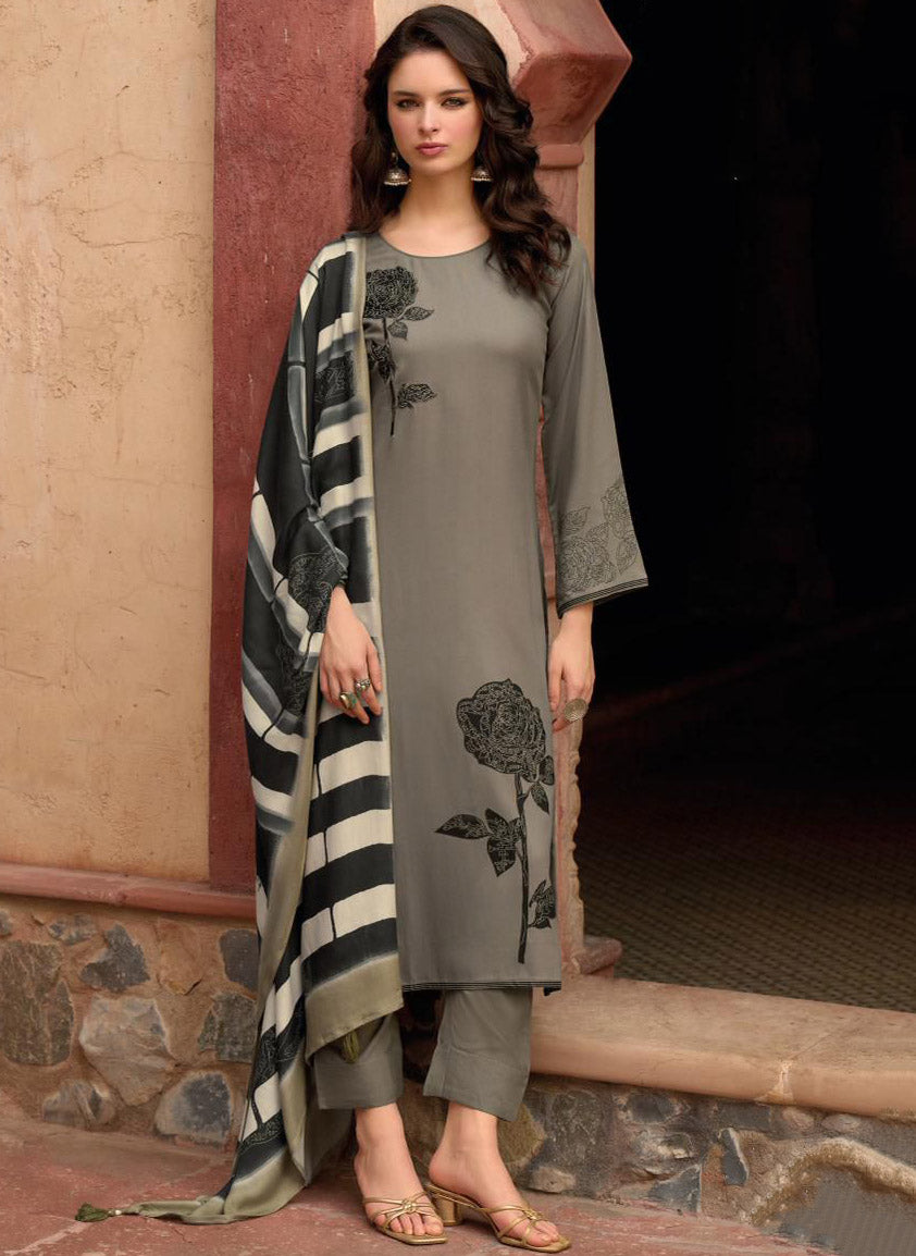 Grey Unstitched Cotton Salwar Suit Dress Material with Muslin Dupatta