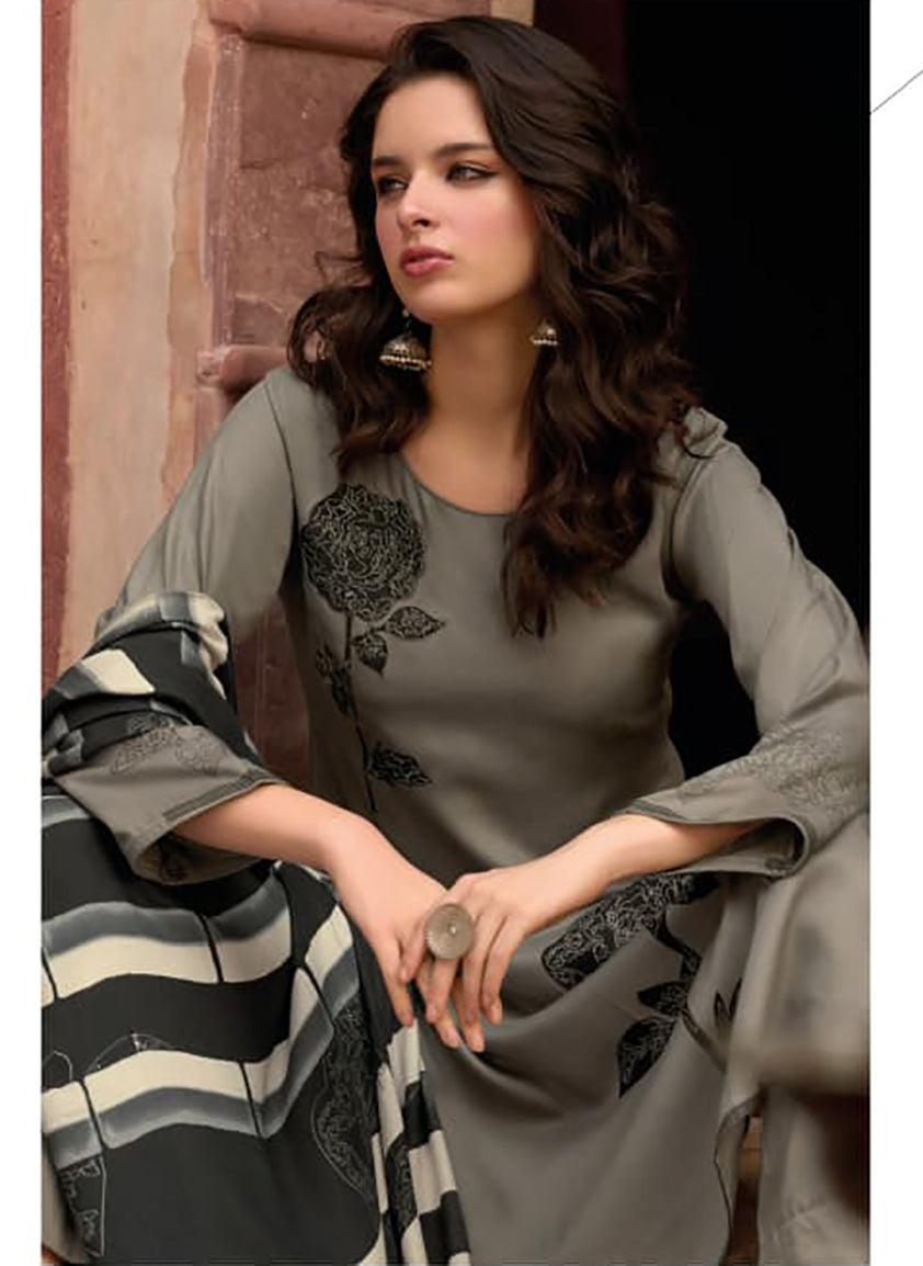 Grey Unstitched Cotton Salwar Suit Dress Material with Muslin Dupatta