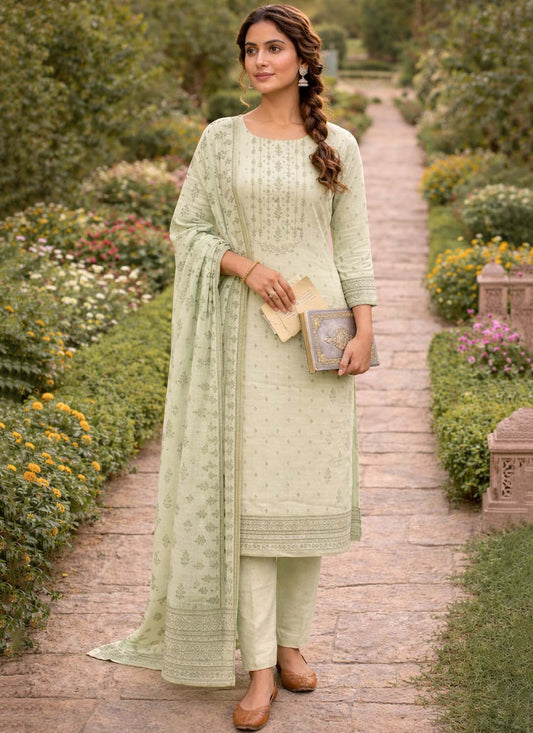 Light Green Daily Wear Pure Cotton Printed Unstitched Suit Material