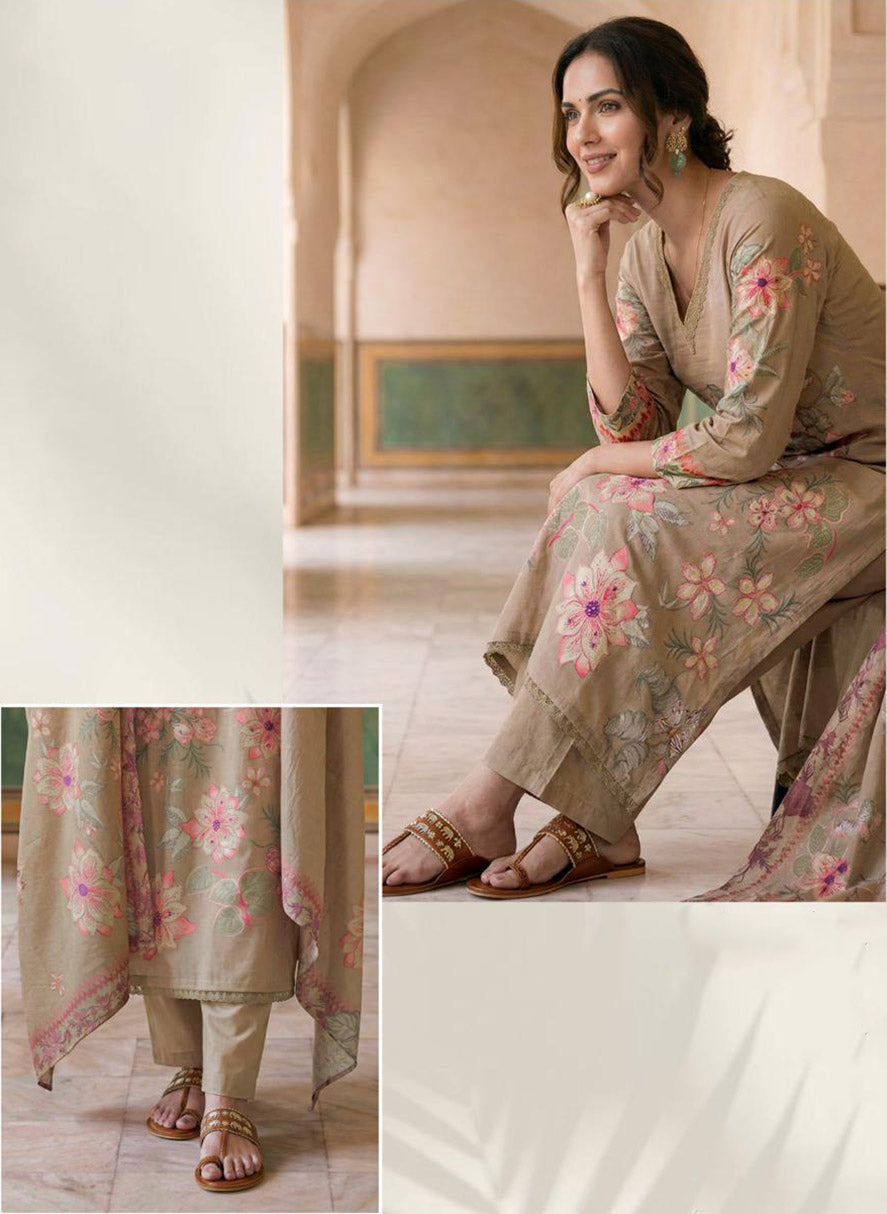 Pure Lawn Cotton Brown Unstitched Salwar Suit Dress Material for Women