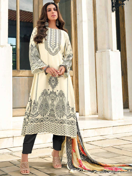 Woolen Unstitched Cream Winter Suit Dress Material with Zari Work Rang Fashion