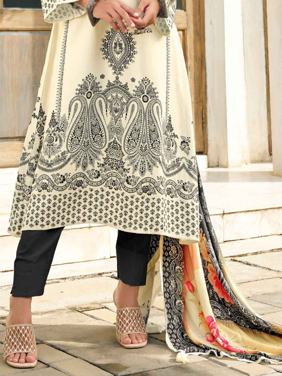 Woolen Unstitched Cream Winter Suit Dress Material with Zari Work Rang Fashion