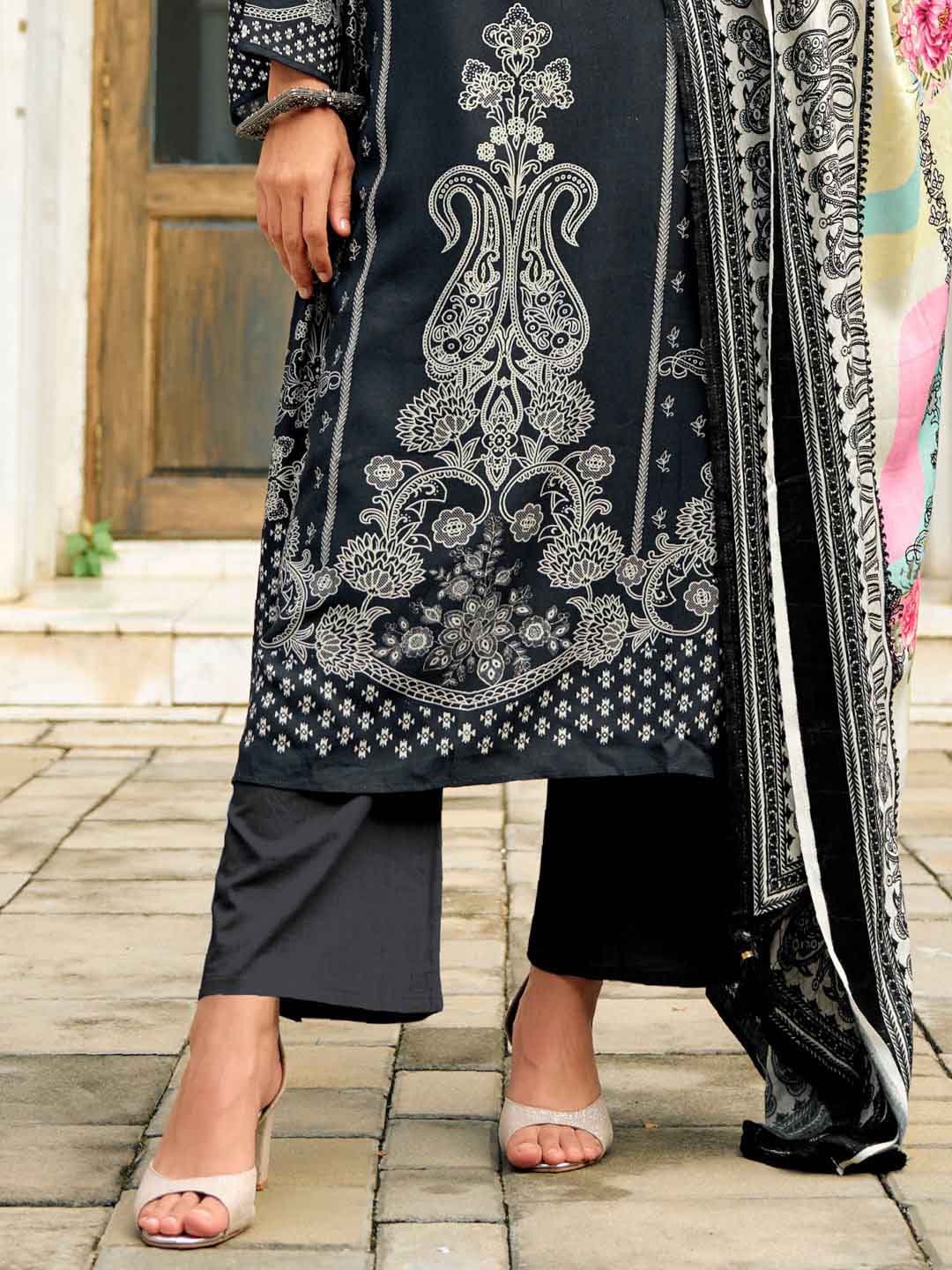 Woolen Unstitched Black Grey Winter Suit Dress Material with Zari Work Rang Fashion