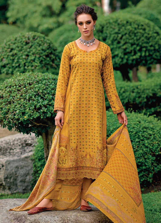 Kilory Yellow Unstitched Pashmina Winter Suits Material for Women