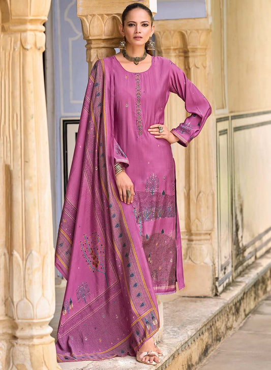 Fancy Pink Muslin Silk Unstitched Salwar Suit Dress Material for Women