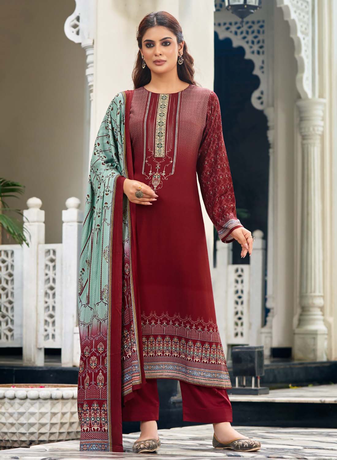 Maroon Unstitched Pashmina Winter Suit Dress Material for Women