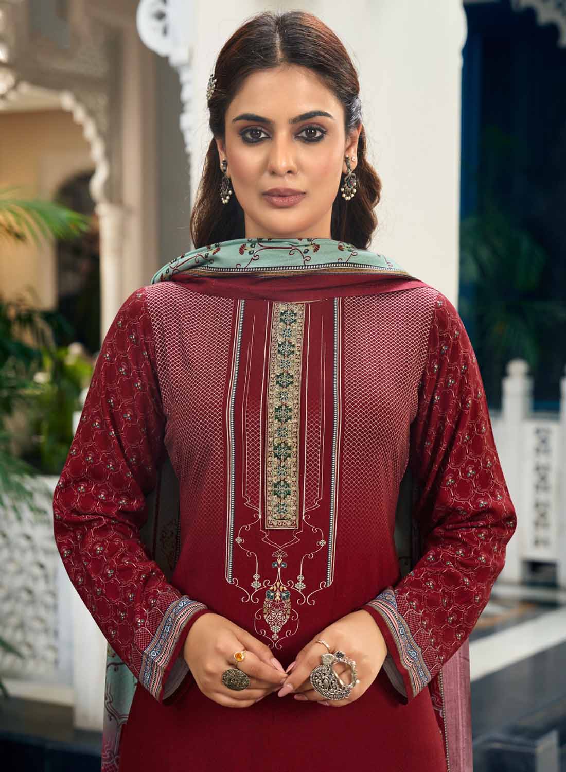 Maroon Unstitched Pashmina Winter Suit Dress Material for Women