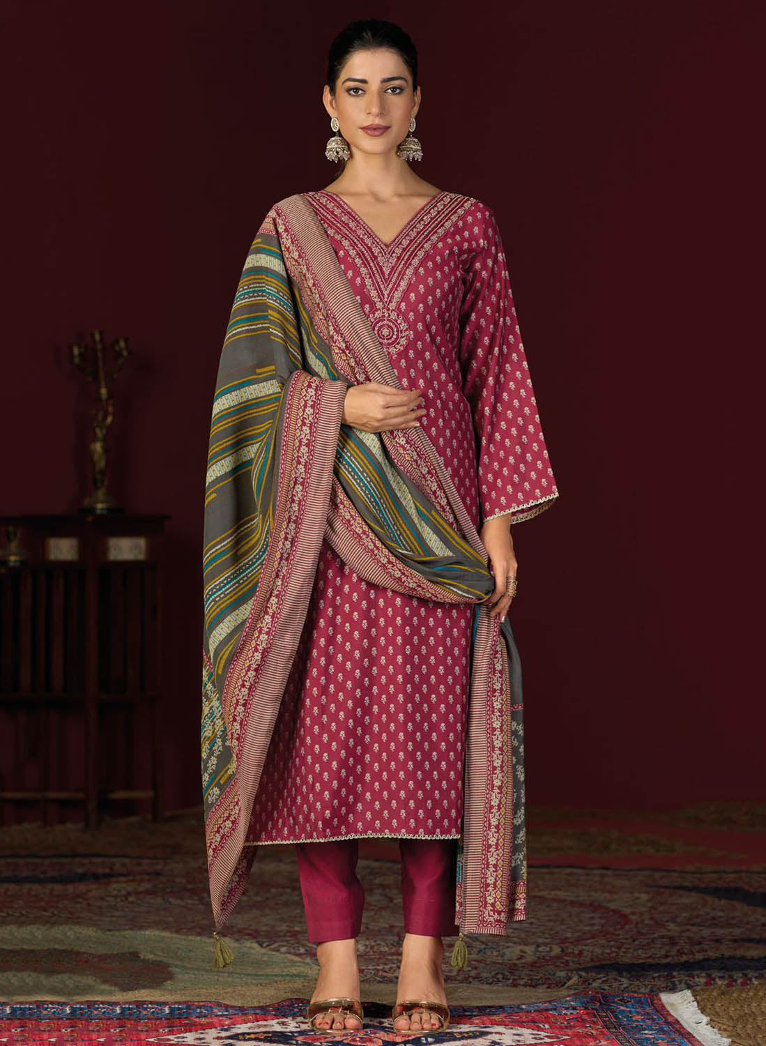 Party Wear Muslin Silk Maroon Unstitched Suit Set Material with Embroidery