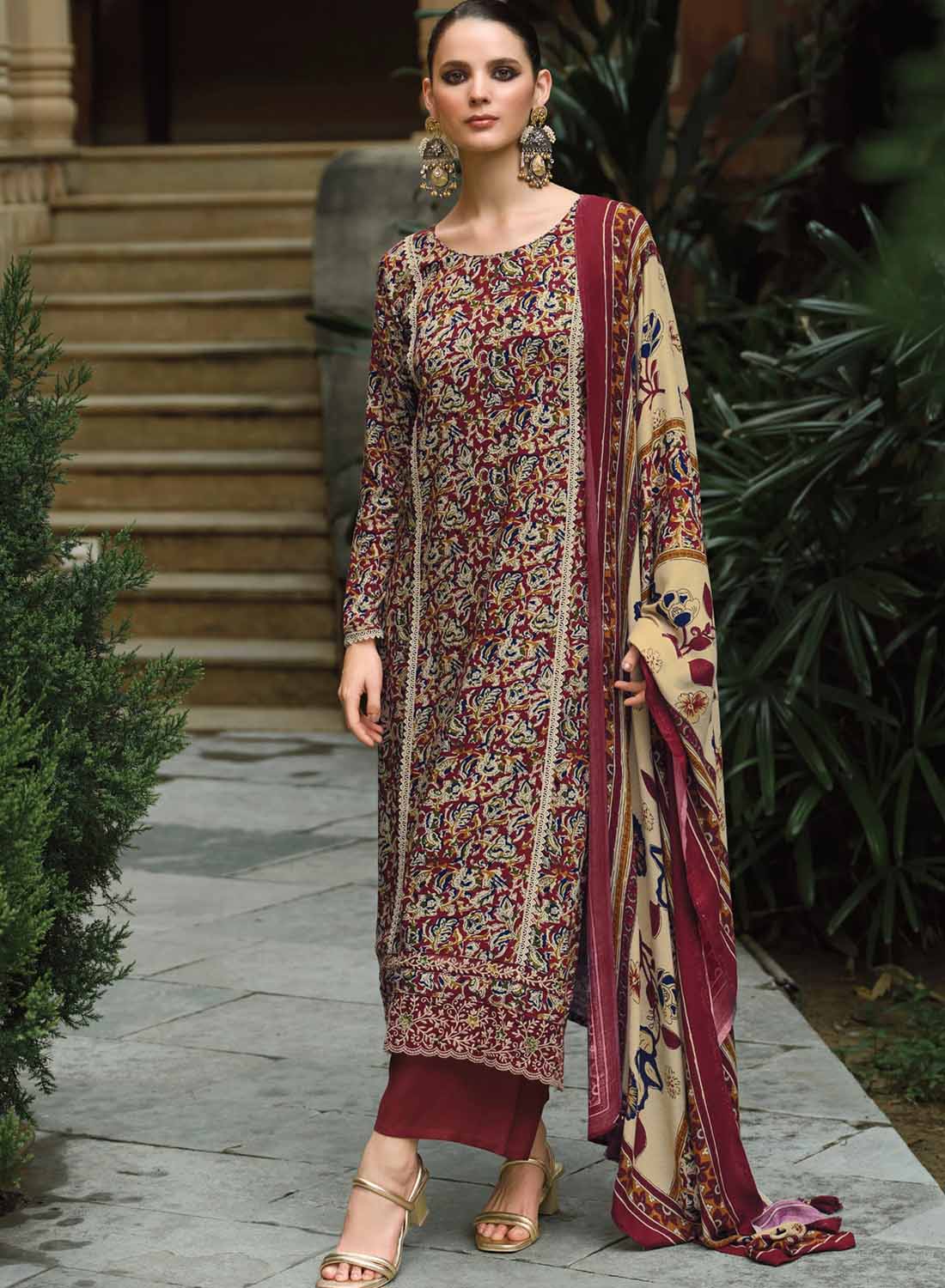 Pure Pashmina Printed Unstitched Winter Suit Set Material with Embroidery