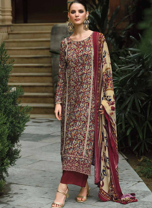 Pure Pashmina Printed Unstitched Winter Suit Set Material with Embroidery