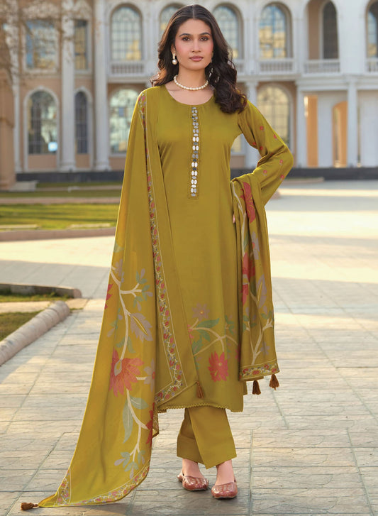 Party Wear Muslin Silk Mustard Unstitched Salwar Suit Material for Women