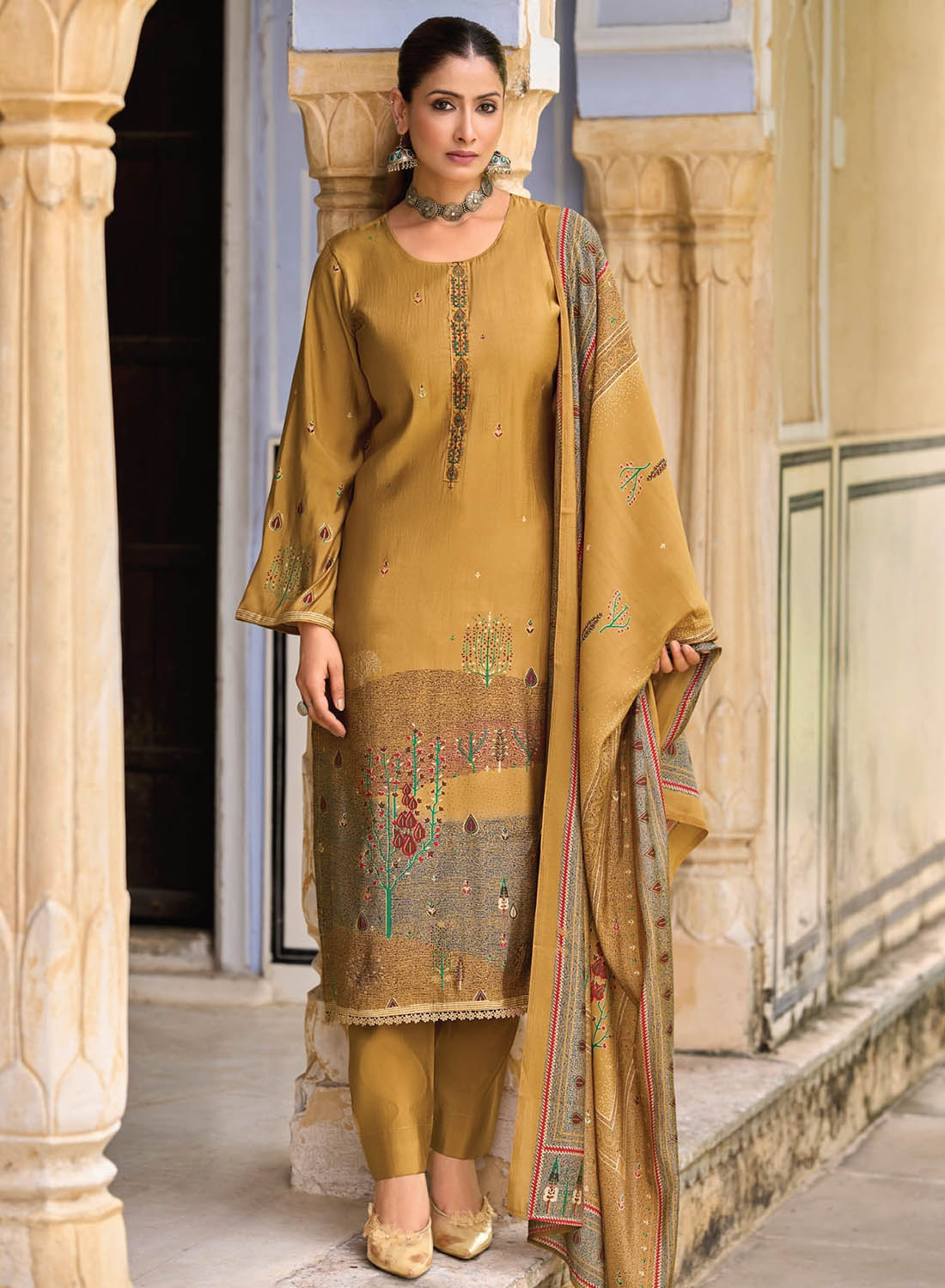 Fancy Muslin Silk Unstitched Salwar Suit Material for Women with Dupatta