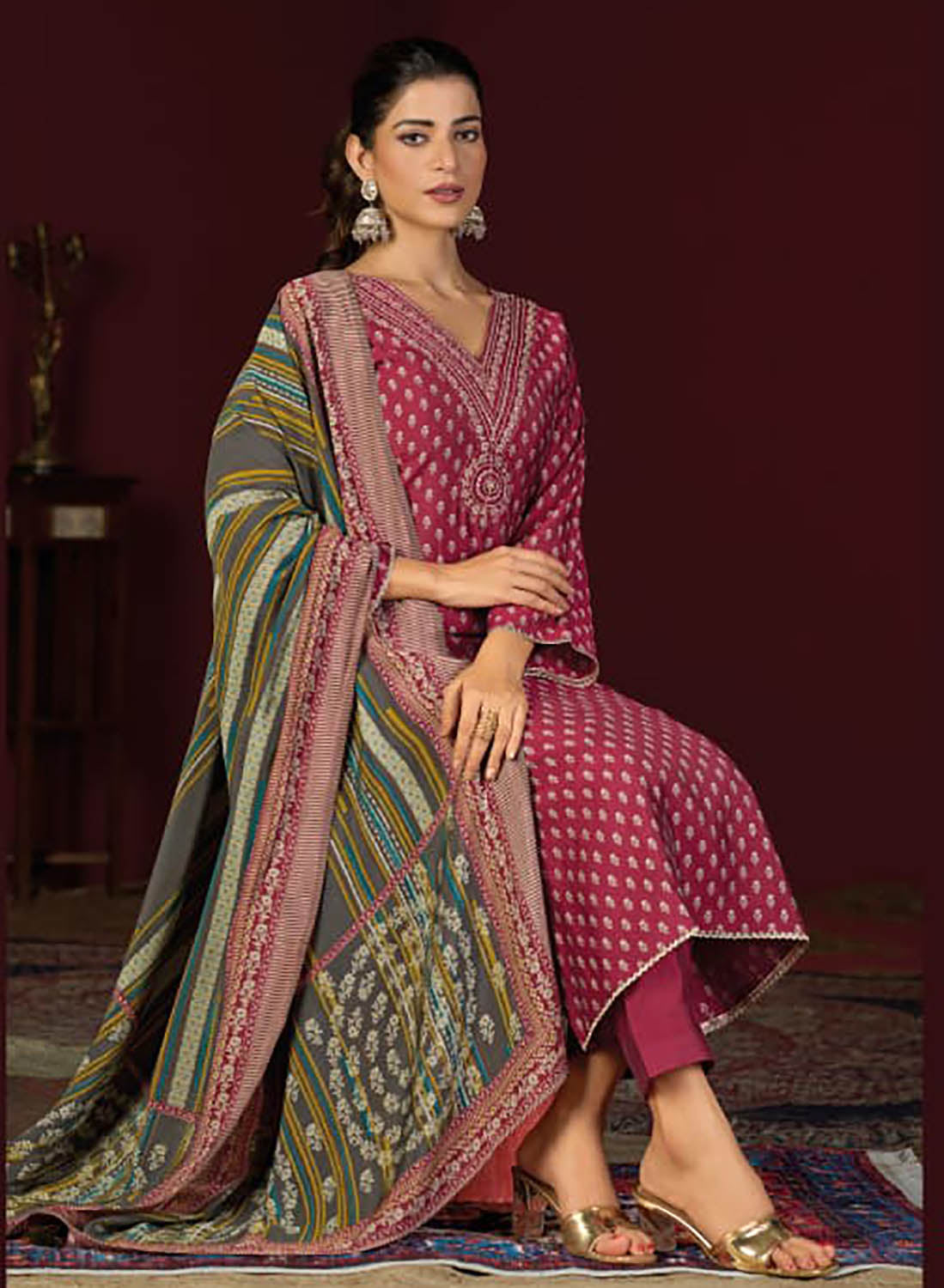 Party Wear Muslin Silk Maroon Unstitched Suit Set Material with Embroidery