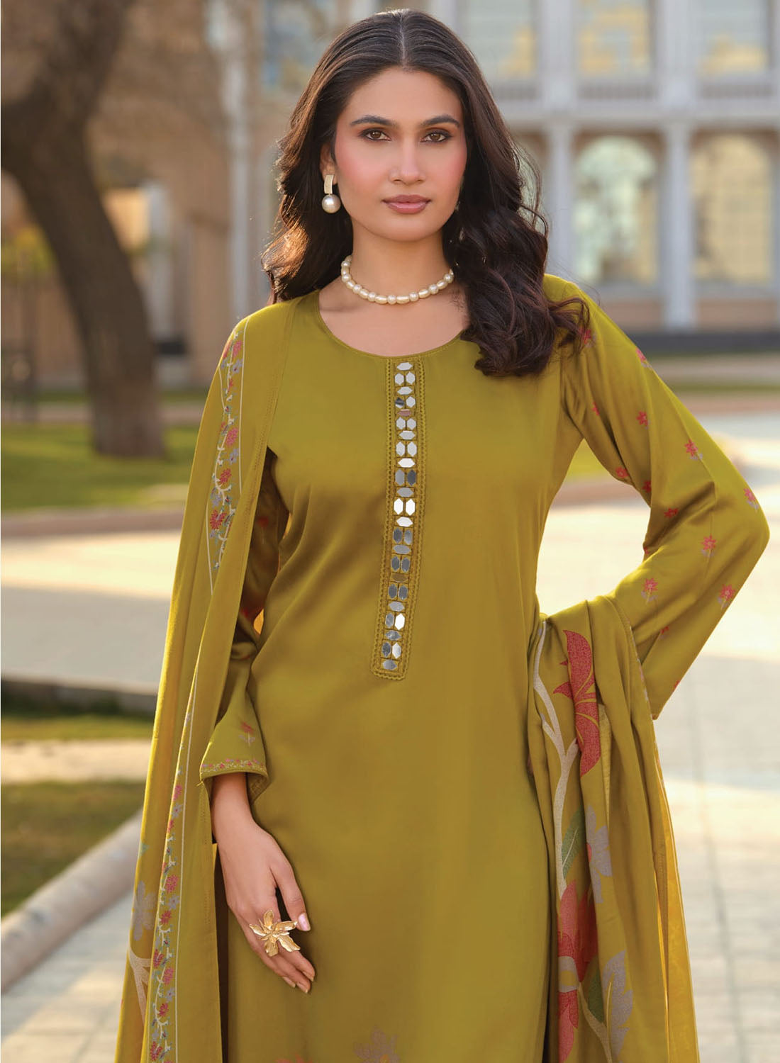 Party Wear Muslin Silk Mustard Unstitched Salwar Suit Material for Women